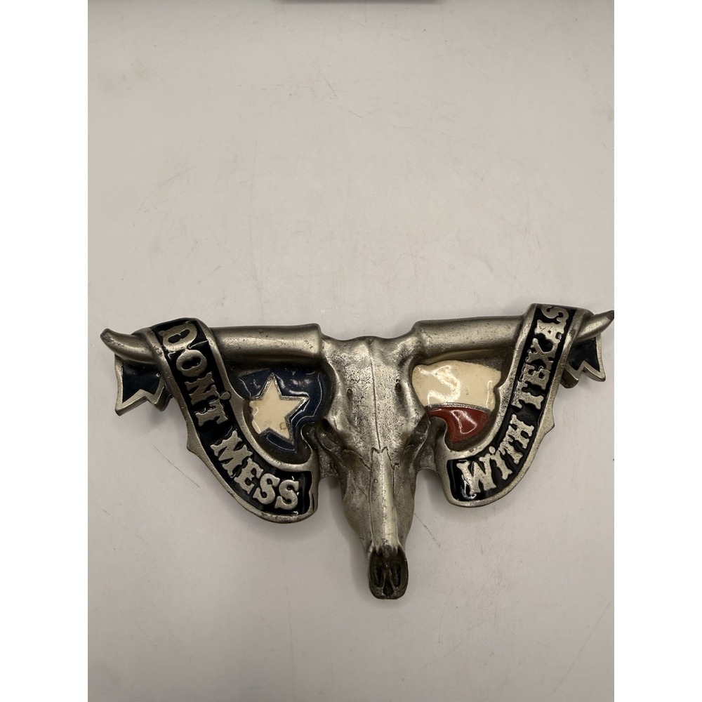 "Don't Mess With Texas" Solid Fine Pewter Belt Buckle # 4498 Longhorn Skull